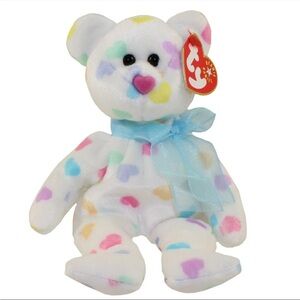 Kissme 2002 White Ty Beanie Babie Valentine 8in Bear with Hearts Plush Toy